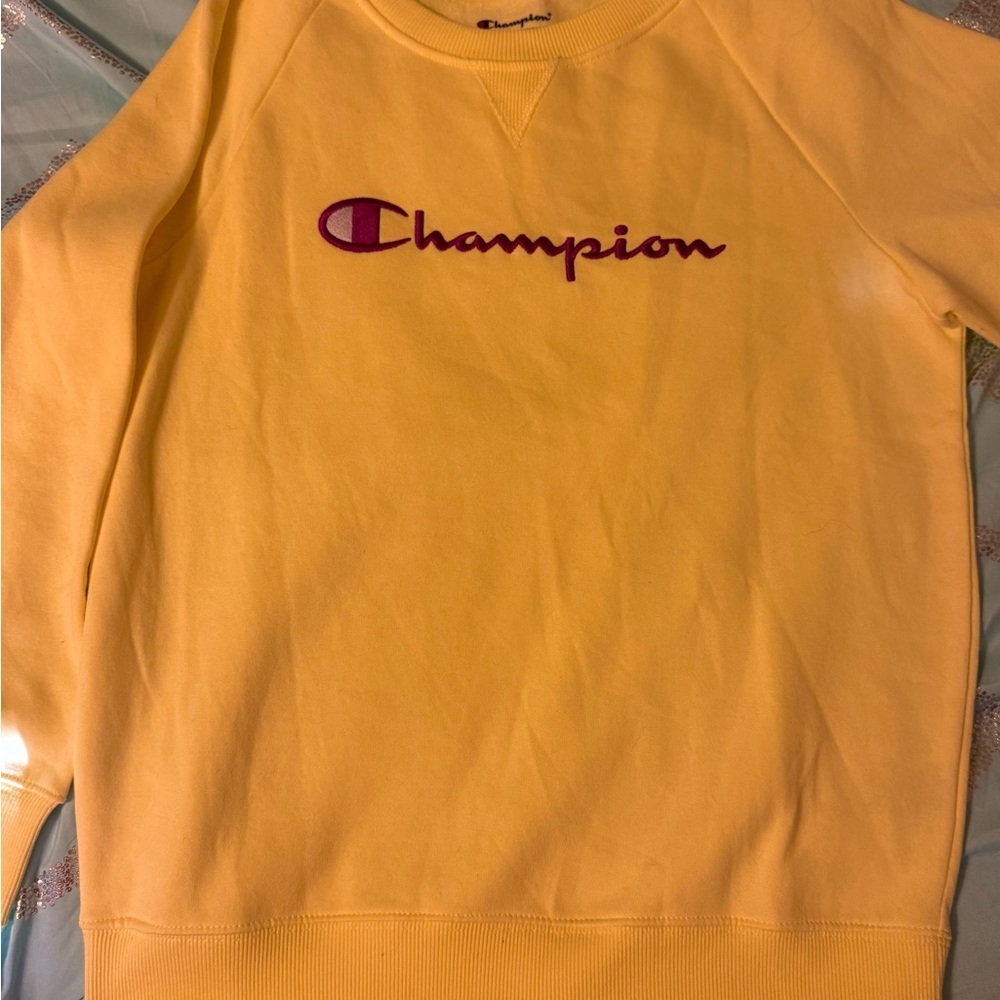 Girls Yellow Champion Crewneck Sweatshirt with purple logo, size XL